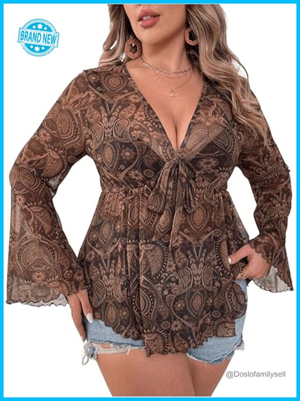 Plus Size Mesh Bell Sleeve Blouse Tie Front Paisley Peplum Boho Top